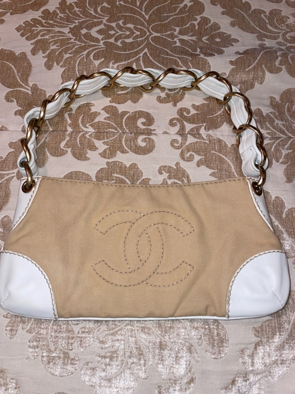CHANEL Beige Canvas Shoulder Bag with White Leather Trim